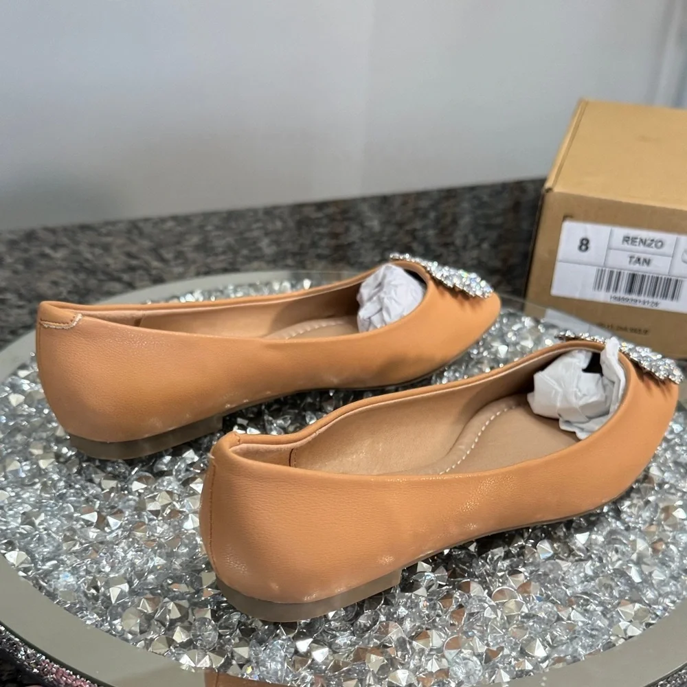 Journee Tan Pointed-Toe Flats with Crystal Embellishment NEW 8